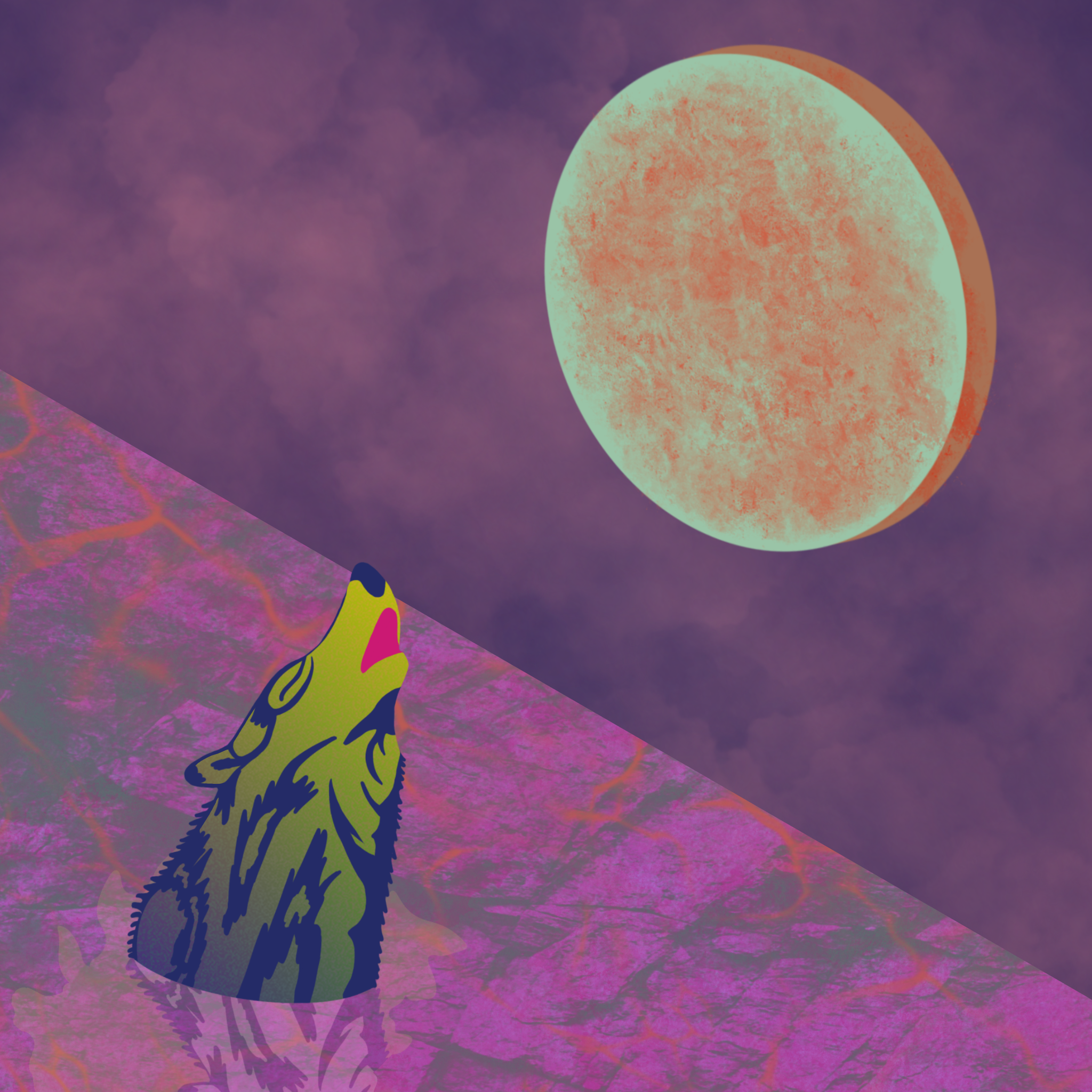 an isometric illustration of a wolf howling at the moon